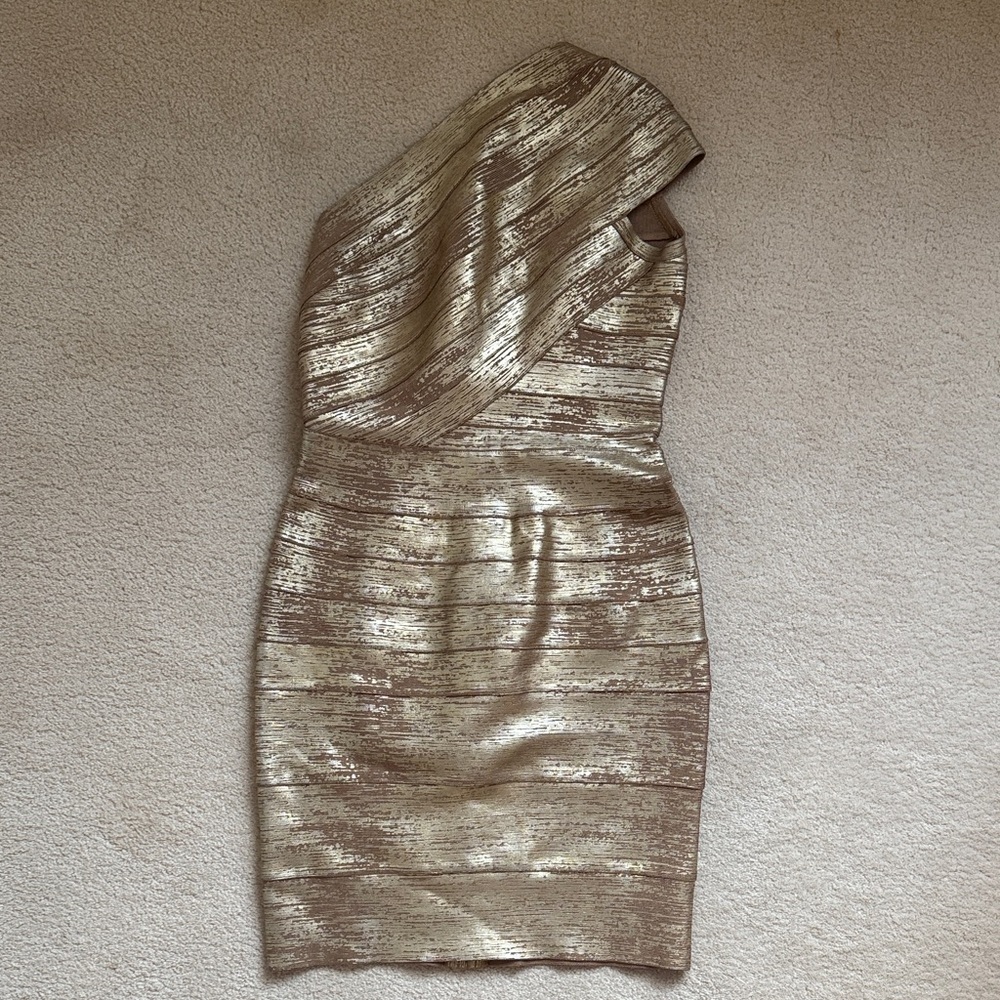 Herve Leger Metallic Gold One-Shoulder Dress